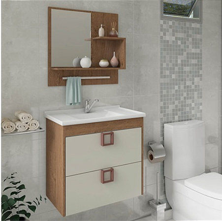 GABINETE BANHEIRO MGM LIRIO 59CM COM ESPELHO AMÊNDOA/OFF