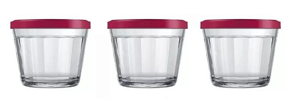 CONJUNTO COM 3 TIGELAS AMERICANAS COM TAMPA PLÁSTICA VERMELHA
