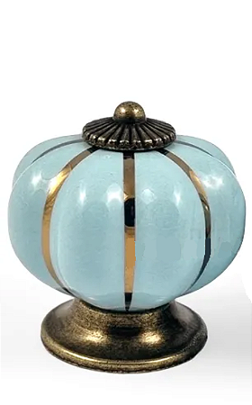 PUXADOR PORCELANA ABOBORA AZUL CLARO/BASE BRONZE