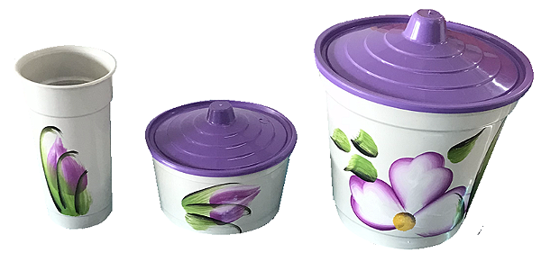 KIT PIA PLÁSTICO 3 PECAS BRANCO / DESENHO FLOR ROXA