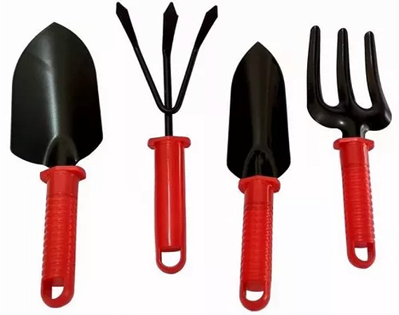 KIT JOGO 4 MINI FERRAMENTAS JARDIM LOTUS VERMELHO