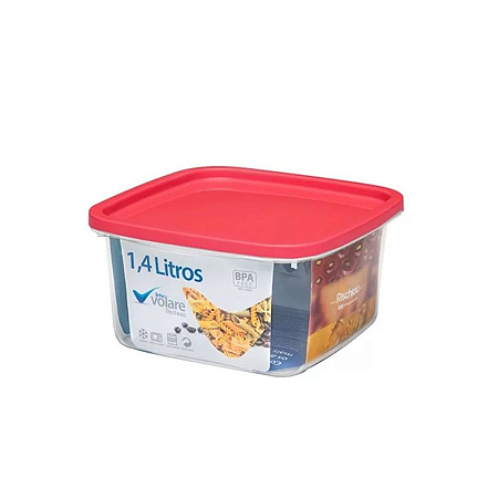 POTE PLÁSTICO QUADRADO VOLARE 1,4 LITROS TAMPA VERMELHO