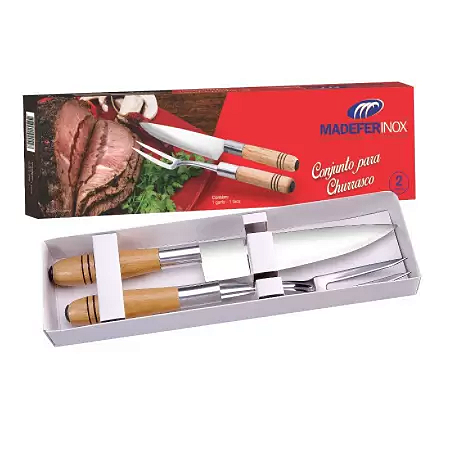 CONJUNTO COM 2 PEÇAS FACA/GARFO PARA CHURRASQUEIRA MADEFER INOX