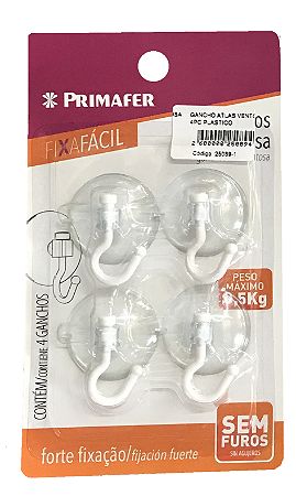 GANCHO PRIMAFER VENTOSA 4 PEÇAS PLÁSTICO