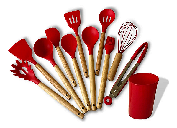 JOGO DE COZINHA SILICONE 12 PEÇAS VERMELHO