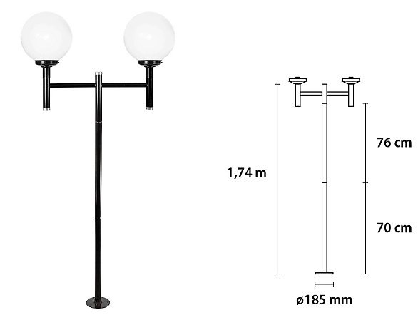 POSTE DE JARDIM 1,74  + CANOPLA 15 2XE27 PRETO