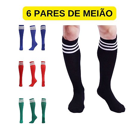 Kit 6 Pares de Meião Futebol Listrado Cano Alto Tamanho Adulto