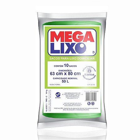 Saco Para Lixo Sustentável Mega Lixo 50 Litros Verde C/ 10 Unidades