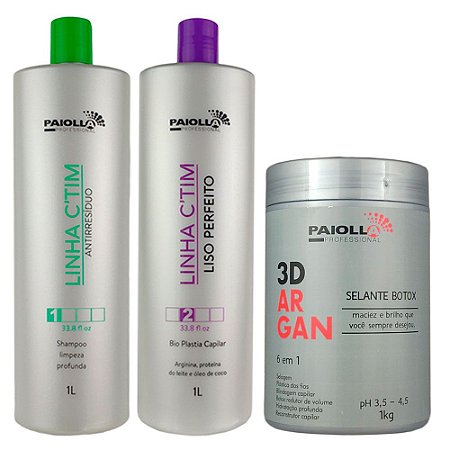 Kit Escova Progressiva Reconstrutora CTIM Liso Perfeito Shampoo Antirresíduo e Botox Selante 3D Argan 6 em 1 - Paiolla