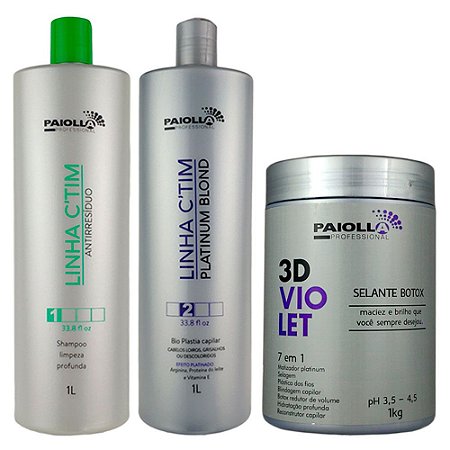 Kit Escova Progressiva CTIM Platinum e Shampoo Antirresíduos e Botox Selante 3D Violet 7 em 1 - Paiolla