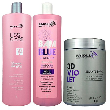 Kit Escova Progressiva Sem Formol Bamblue Platinum e Shampoo Bambu e Botox Selante 3D Violet 7 em 1 - Paiolla