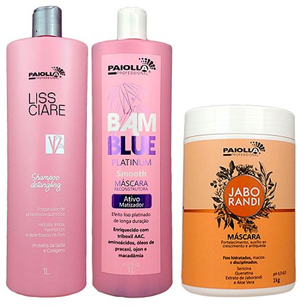 Kit Escova Progressiva Sem Formol Bamblue Platinum e Shampoo Antirresíduos Bambu e Máscara Jaborandi - Paiolla