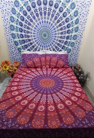 Jogo de Cama com Fronha  Manta Mandala Colcha Indiana Casal Queen Boho Hippie Chic