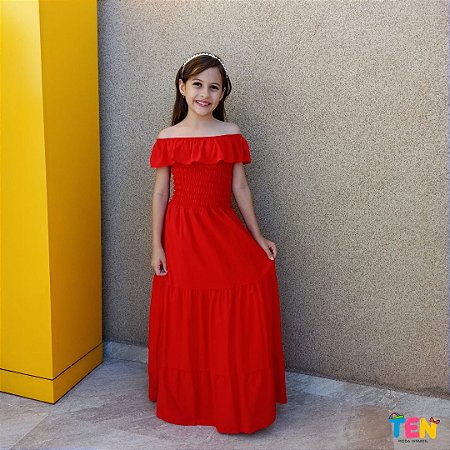 Vestido juvenil longo vermelho feminino - VESTINDO CRIANÇA COMO CRIANÇA