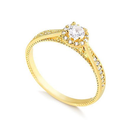 Anel Solitário Aro Cravejado ( Ouro 12K / 18 K )