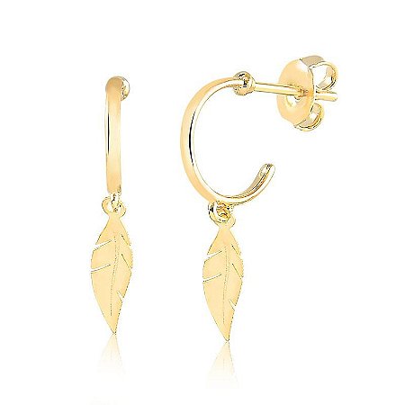 Brinco Argola Com Pingente De Pena Lisa ( Ouro 12K / 18 K )