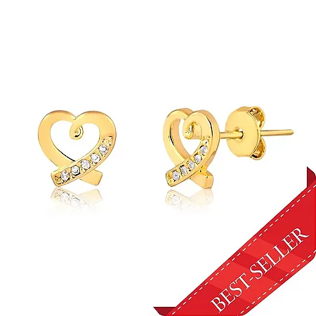 Brinco Coração Vazado Com Detalhe De Pedras ( Ouro 12k / 18k )