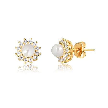 Brinco Com Pérola e Borda Cravejada ( Ouro 12k / 18k )