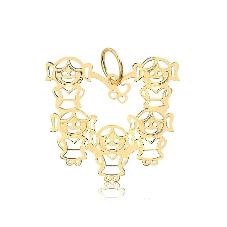 Pingente Coração Com 5 Meninas ( Ouro 12k / 18k )