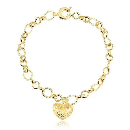 PULSEIRA ELO PORTUGÊS/ FILIGRANA E CORAÇÃO 18CM ( Ouro 12k / 18k )