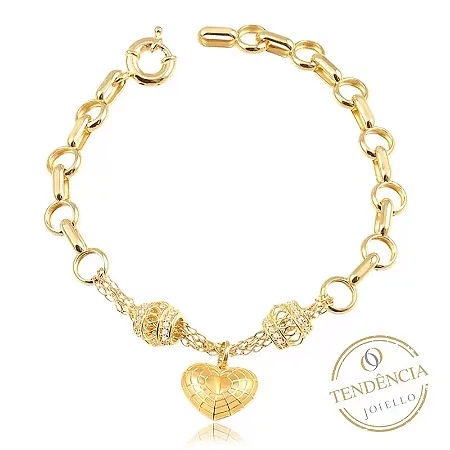 PULSEIRA ELO PORTUGUÊS, JP30, CORAÇÃO E SEPARADORES 18CM ( Ouro 12k / 18k )