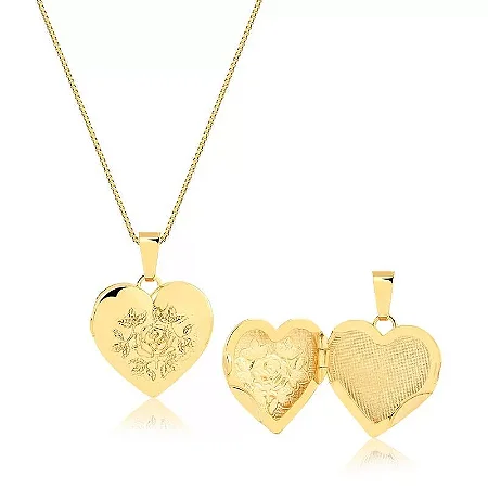 RELICÁRIO M CORAÇÃO COM ROSAS 20MM( Ouro 12k / 18k )