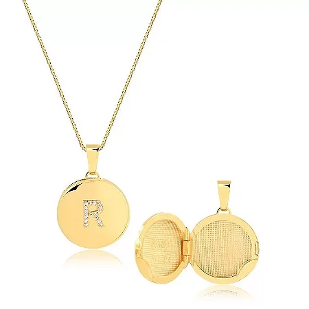 RELICÁRIO LETRA R CRAVEJADA - 20MM ( Ouro 12k / 18k )