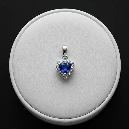 PINGENTE CORAÇÃO AZUL COM ZIRC. AO REDOR - P106 ( Prata 925 )