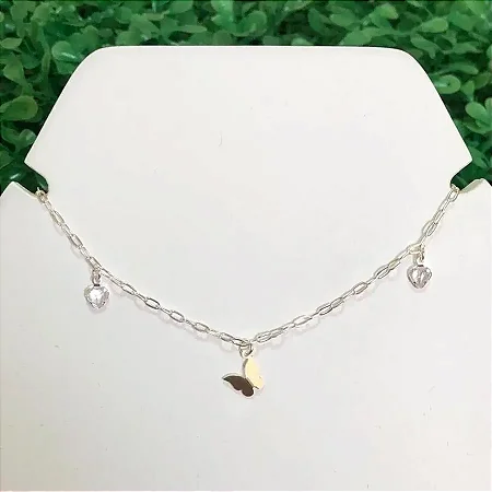 Pulseira pedras borboleta 3D + pedra coração- CPU018 ( Prata 925 )