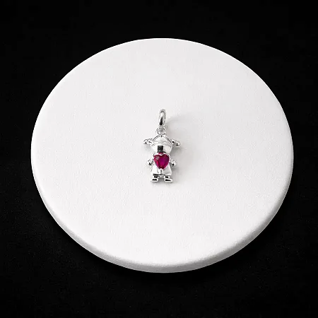 PINGENTE MÉDIO MENINA COM PEDRA ROSA CENTRAL P123 ( Prata 925 )