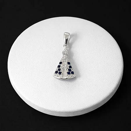 PINGENTE C/ ARGOLA NOSSA SENHORA COM ZIR. AZUL P128 ( Prata 925 )