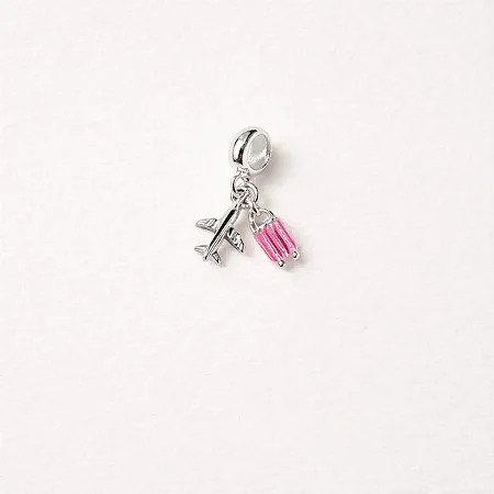 Berloque avião e mala rosa BQ086 ( Prata 925 )