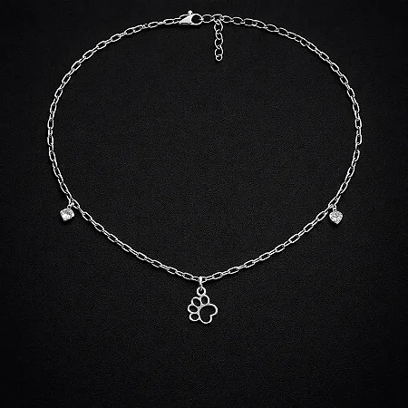 Chocker pata de pet e coração branco CCH016 ( Prata 925 )