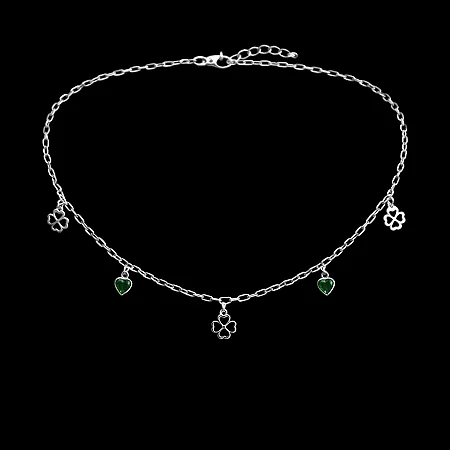 Chocker com trevo da sorte e zircônias coração verde escuro CCH019 ( Prata 925 )