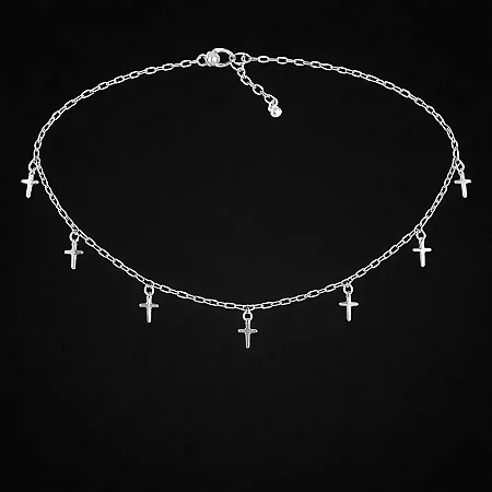 Chocker com 7 pingentes cruz lisa pendurada CCH024 ( Prata 925 )