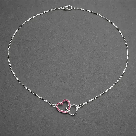 GARGANTILHA CORAÇÃO CRAVEJADO PINK M E CORAÇÃO LISO P GGT007 ( Prata 925 )