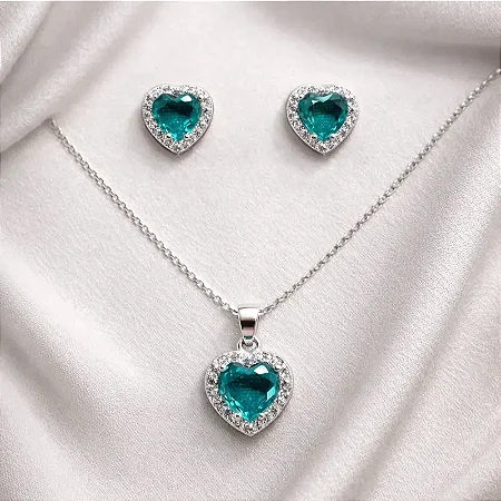 COLAR PINGENTE PEDRA CORAÇÃO + BRINCO AZUL CLARO CJ006 (Prata 925)