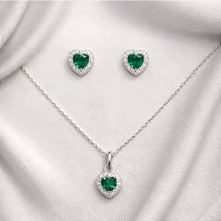 Pingente e brinco coração com zircônia verde CJ015 (Prata 925)
