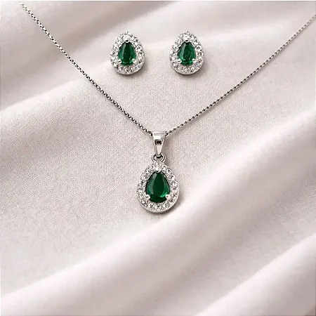 colar pingente + brinco gota vazada verde esmeralda e zircônias cravejadas na volta CJ040 (Prata 925)