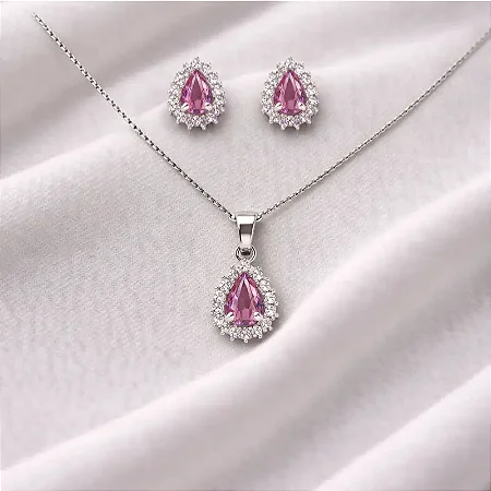colar pingente + brinco gota central rosa claro e zircônias cravejadas ao redor CJ050 (prata 925)