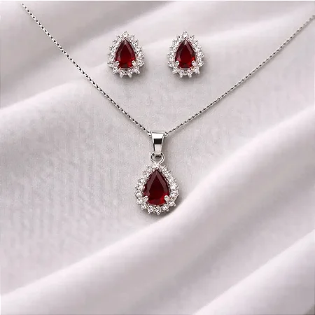 colar pingente + brinco gota central vermelho e zircônias cravejadas ao redor CJ051 (prata 925)