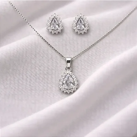 colar pingente + brinco gota central branca e zircônias cravejadas ao redor CJ052 (prata 925)
