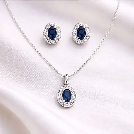 COLAR PINGENTE + BRINCO OVAL PEDRA AZUL COM ZIRC. CRAVEJADAS AO REDOR CJ061 (prata 925)