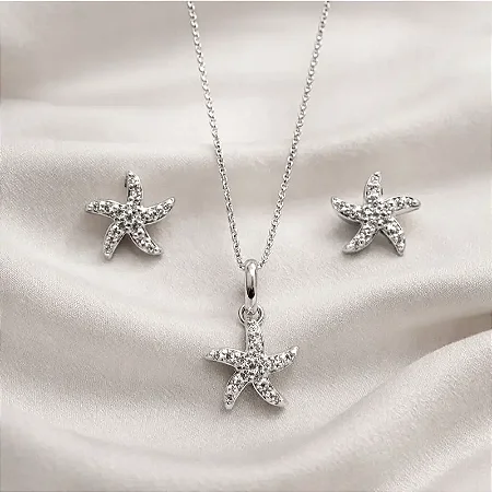 Conjunto brinco + colar estrela do mar com zircônias cravejadas CJ065 (prata 925)