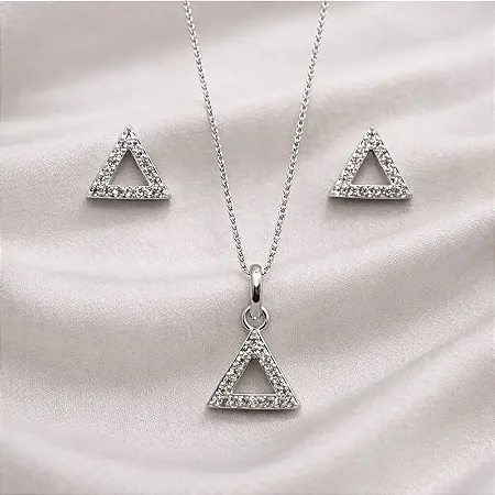 Conjunto brinco + colar com triângulo cravejado ao redor CJ068 (prata 925)