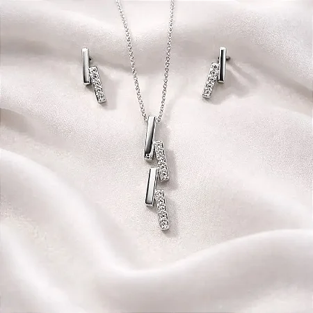 Conjunto brinco + colar palitinho liso e cravejado de zircônia branca CJ069 (prata 925)