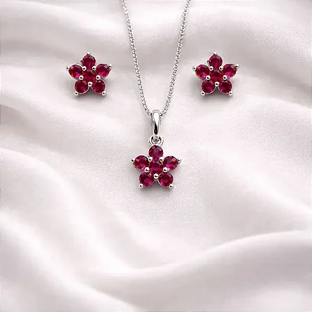 Conjunto brinco + colar flor rosa pink CJ071 (prata 925)