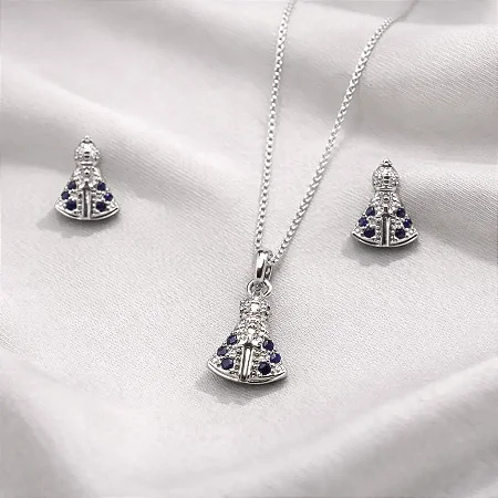 Conjunto brinco + colar Nossa Senhora cravejada com zircônias azul CJ076 (prata 925)