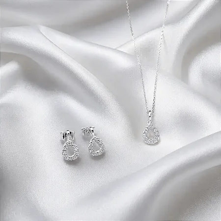 Conjunto colar + brinco gota vazada cravejada de zircônias brancas CJ078 (prata 925)