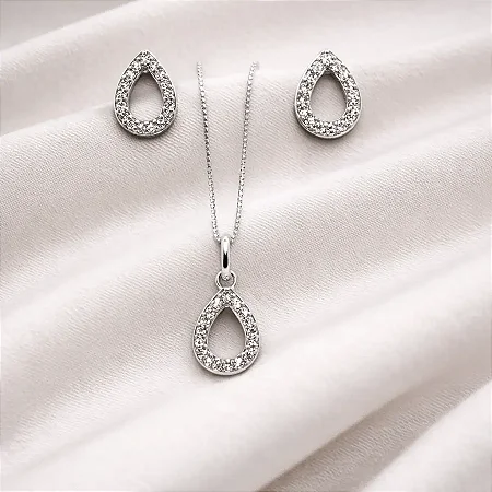 Conjunto brinco + colar gota vazada e zircônias cravejadas ao redor CJ081 (prata 925)